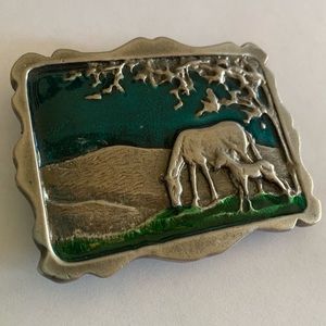 Mare & Filly Horse Pewter Vintage Belt Buckle